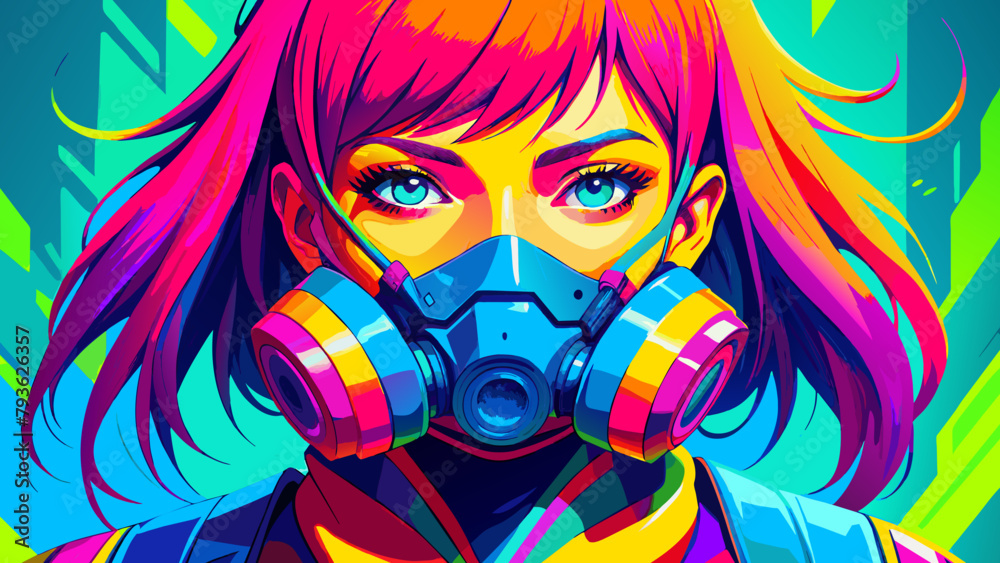 The girl in the gas mask. Vector portrait of a girl. A beautiful girl ...