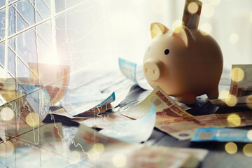 Sticker - A piggy bank in the form of a pink pig stands on the wooden table with russians money, inscription five, two and one thousand ruble bills.