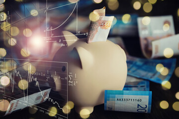 Sticker - A piggy bank in the form of a pink pig stands on the wooden table with russians money, inscription five, two and one thousand ruble bills.