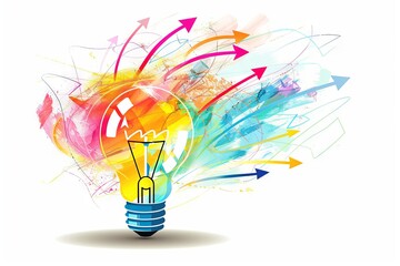 Canvas Print - Creative brainstorming concept with a light bulb and arrows on a transparent white backdrop, ideal for innovation workshops