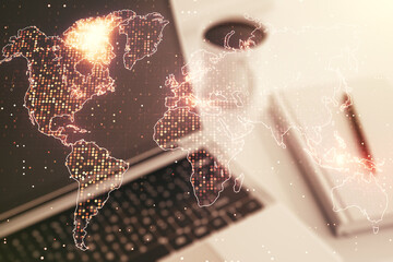 Poster - Abstract creative digital world map on modern computer background, globalization concept. Multiexposure