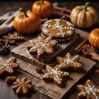 On the table, there are star-shaped gingerbread cookies, round gingerbread cookies, and pumpkins.