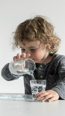 Child pours fresh water into a glass on a white background