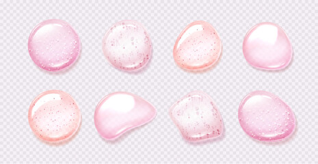 Poster - Pink gel drops set isolated on transparent background. Vector realistic illustration of abstract serum bubbles, collagen essence droplets, face skin care cosmetics swatches, moisture lotion smears