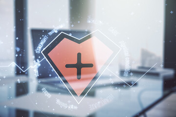 Poster - Creative abstract heart pulse hologram on modern computer background, online medical consulting concept. Multiexposure