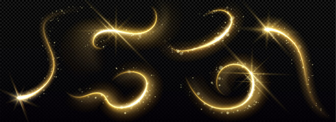 Poster - gold magic star trail with glitter and light dust. golden particle glow effect on black background. 