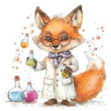 Fototapeta Młodzieżowe - Fox cub scientist with lab coat and beakers, bubbly potions, quirky and curious, on white