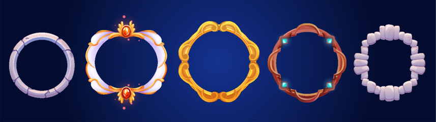 Poster - game avatar frame. fantasy ui rank border badge icon. gold round level achievement ring set. stone a