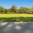 Scenic view of the park with green grass field in city and a blue sky background. Beautiful green park with sidewalk in the morning