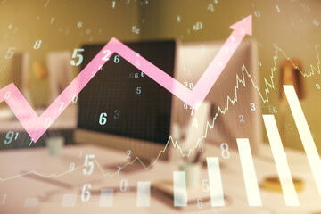 Poster - Multi exposure of abstract creative financial graph with upward arrow on modern laptop background, forex and investment concept