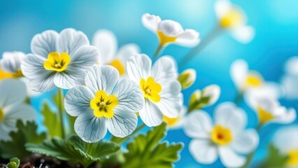 Wall Mural - Spring forest white flowers primroses on a beautiful blue background macro. Blurred gentle sky-blue background.