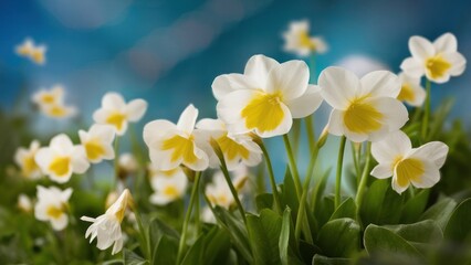 Wall Mural - Spring forest white flowers primroses on a beautiful blue background macro. Blurred gentle sky-blue background.