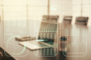 Poster - Multi exposure of abstract statistics data hologram interface on computer background, computing and analytics concept