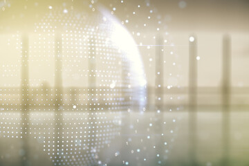 Aufkleber - Double exposure of abstract digital world map hologram on empty room interior background, big data and blockchain concept