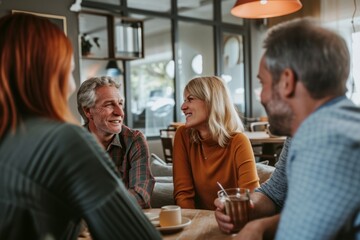 Sticker - Group of friends talking in cafe. Cheerful senior men and women drinking coffee and laughing.