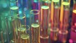 Colorful Science Laboratory Test Tubes on Lab Bench, Scientific Experiment Equipment