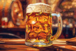 Generative ai on theme of foamy German beer in large glass mug for celebration holiday Oktoberfest