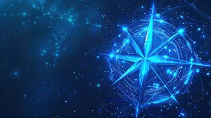 Compass for navigation and orientation to the cardinal directions from futuristic polygonal blue lines and glowing stars for banner