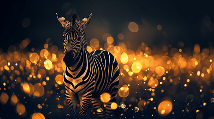 Wall Mural - A zebra is standing in a field of light and dark spots. The zebra is the main focus of the image, and the light and dark spots create a sense of depth and movement