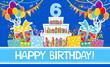 Happy birthday card. Celebration background with number six, garland,  Birthday cake, balloons and place for your text. Horizontal banner. Greeting, invitation card or flyer. Vector illustration