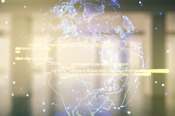 Aufkleber - Double exposure of abstract programming language hologram and world map on empty modern office background, research and development concept