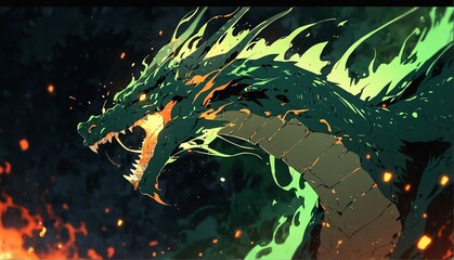 Poster - abstract dragon green flame burning sparks effects art anime cartoon style background from Generative AI