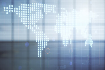 Aufkleber - Multi exposure of abstract creative digital world map hologram on empty modern office background, research and analytics concept