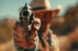 Generative ai on theme of a unshaven cowboy in leather hat with a pistol in a powerful male hand