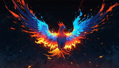 Wall Mural - abstract phoenix blue flame burning sparks effects art anime cartoon style background from Generative AI