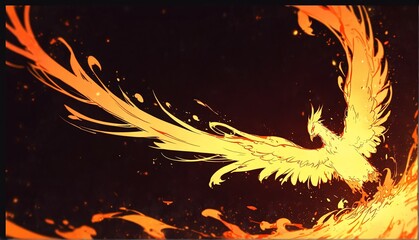 Wall Mural - abstract phoenix gold flame burning sparks effects art anime cartoon style background from Generative AI