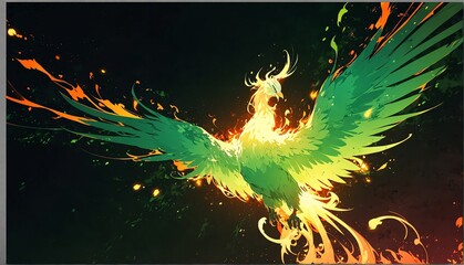 Wall Mural - abstract phoenix green flame burning sparks effects art anime cartoon style background from Generative AI