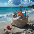 Family Fun: Create a scene that conveys a family-friendly summer vacation by including a beach bag filled with toys and games for children, such as beach balls, sandcastle molds, and a frisbee.
