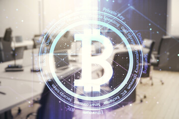 Poster - Double exposure of creative Bitcoin symbol hologram on modern corporate office background. Cryptocurrency concept
