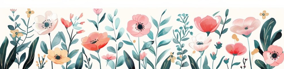 Wall Mural - Vector illustration of spring flowers, hand drawn in the style of pastel colors