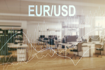 Poster - Double exposure of abstract virtual EURO USD forex chart hologram on modern corporate office background. Banking and investing concept