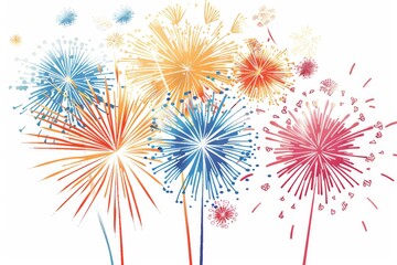 Wall Mural - A colorful fireworks display with a white background. The fireworks are in various colors and are arranged in a way that creates a sense of excitement and celebration