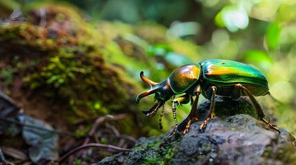 Wall Mural - Beetle : Sawtooth beetle (Lamprima adolphinae) is a species of stag beetle in Lucanidae family found on New Guinea and Papua. Beautiful Gold and green metallic color beetles, selective focus