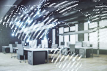 Poster - Double exposure of abstract digital world map hologram with connections on modern corporate office background, research and strategy concept