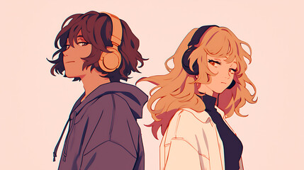 Wall Mural - Cool Anime manga boy and girl teenager listening lofi music with headphones background 