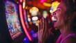 Playing Slot Machines: A photo of a person cheering and clapping while playing a slot machine