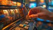 Playing Slot Machines: A photo of a person inserting a coin into a slot machine, with a focus on the hand and the slot