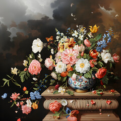 Poster - BAROQUE STYLE FLORAL STILL LIFE OIL PAINTINGS Ai generative 