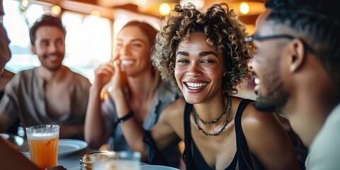 Wall Mural - A group of energetic friends enjoy laughter and drinks at a summer party at a bar, capturing the moments of joy in selfies.