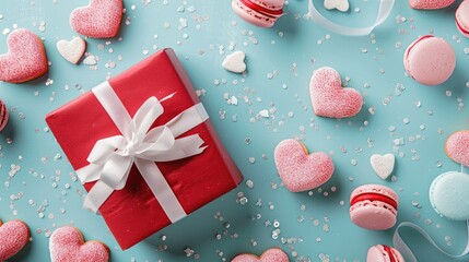 Canvas Print - Celebrate love and special occasions with a delightful arrangement of white glitter hearts a festive red gift box and pink sweet cookie macaroons set against a serene blue pastel background