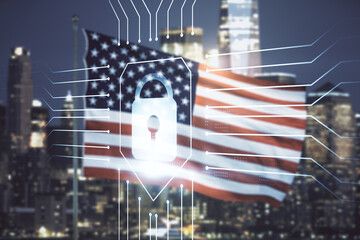 Poster - Double exposure of virtual creative lock hologram with chip on USA flag and blurry cityscape background. Information security concept