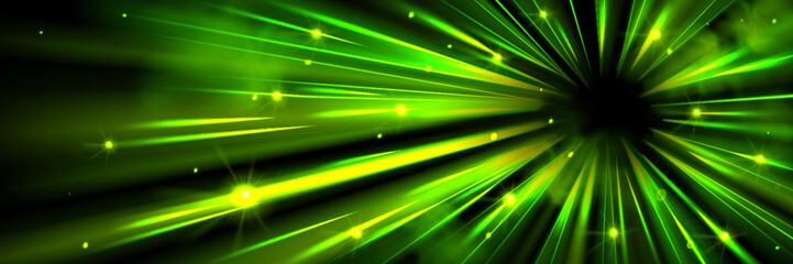 Poster - Green speed light effect burst from circle vector background. Abstract neon energy tunnel with radial flash explosion. Laser ray dynamic power glow with sparkle futuristic bg. Time lapse technology