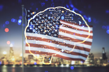 Poster - Virtual creative artificial Intelligence hologram with human brain sketch on US flag and skyline background. Double exposure
