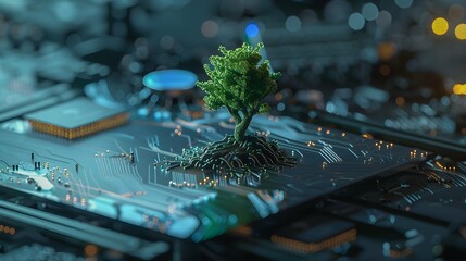 A green sprout sprouts from the microprocessor. A symbol of a new startup or business in the IT field of green technologies or biotechnologies. A living beginning in computers and artificial 