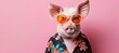 Fashionable pig in vibrant attire with orange sunglasses and colorful hawaiian shirt