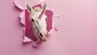 Amusing unicorn peers through ripped hole in vibrant paper backdrop. Ai Generated.